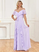 **Alt Text:** Off-shoulder white chiffon A-line dress with spaghetti straps, elegant fit.