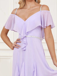 Alt text: "Light blue off-shoulder chiffon A-line dress with spaghetti straps."