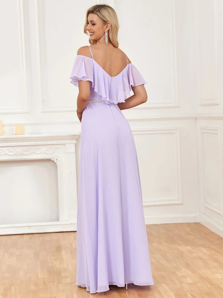 Off-Shoulder Chiffon A-Line Dress with Spaghetti Straps