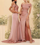 Dusty Rose Off - shoulder Dusty Rose Satin Bridesmaid Dress With Slit 2