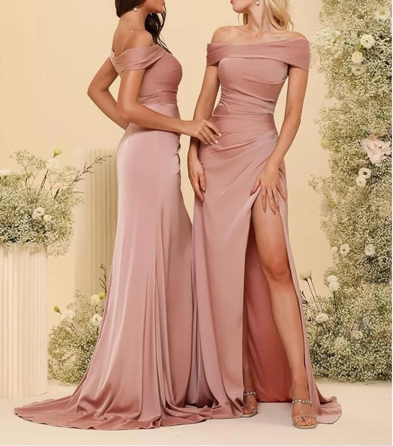 Off-shoulder Dusty Rose Satin Bridesmaid Dress With Slit