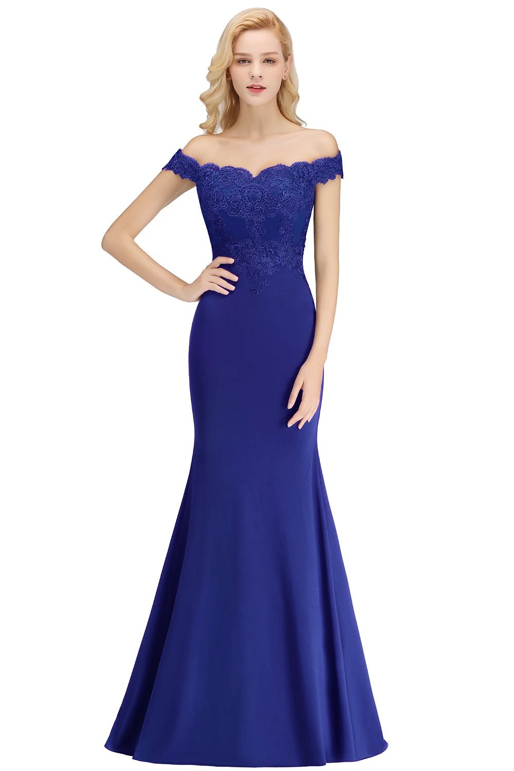 Royal Blue Off - shoulder Embroidered Mermaid Bridesmaid Dress 2