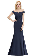 Navy Blue Off - shoulder Embroidered Mermaid Bridesmaid Dress 2