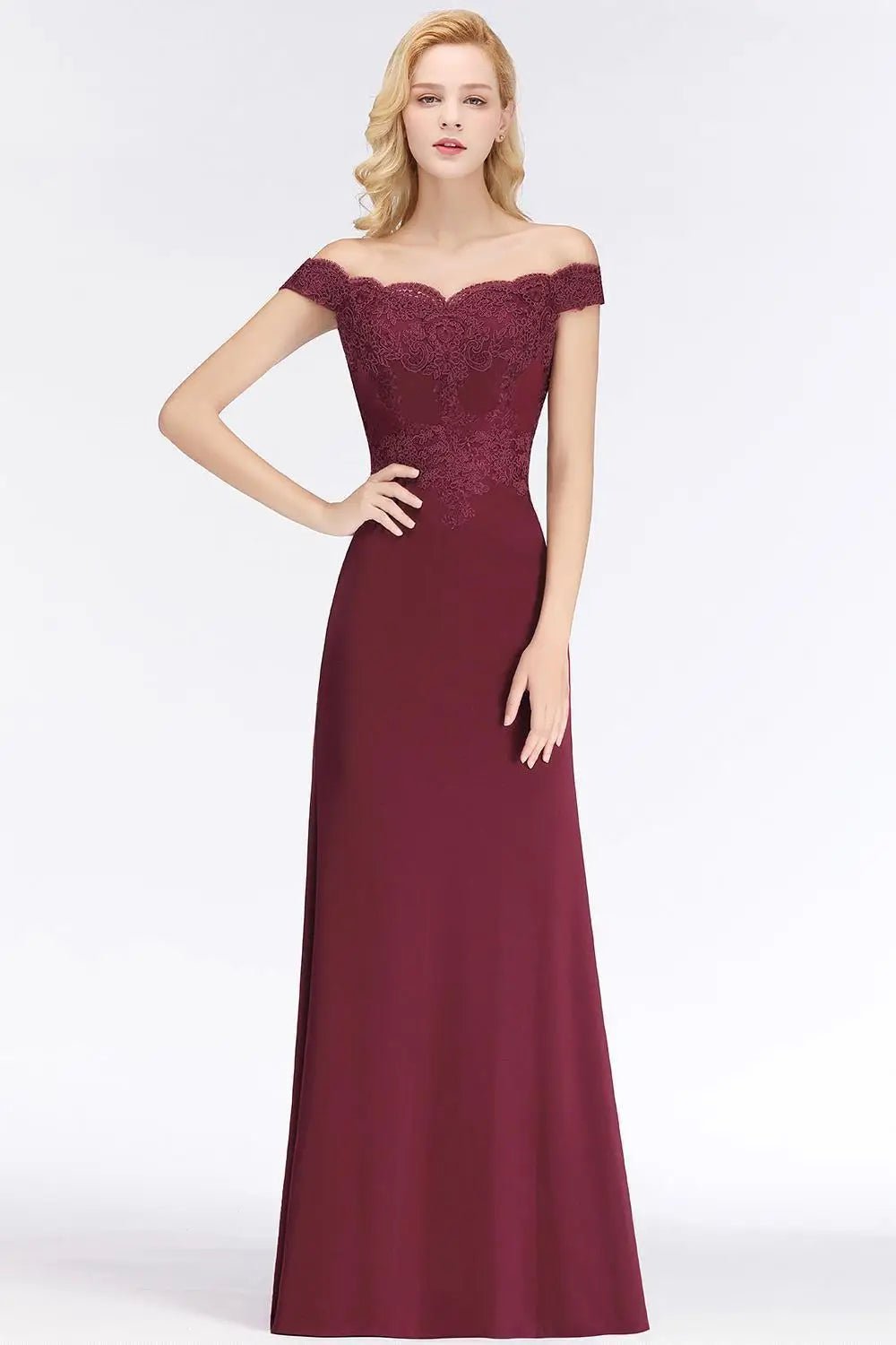 Burgundy Off - shoulder Embroidered Mermaid Bridesmaid Dress 2