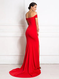 Red Off Shoulder High Split Floor Length Mermaid Dress L