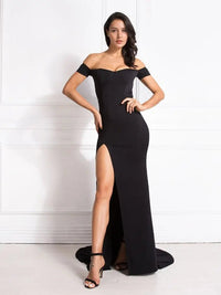 Black Off Shoulder High Split Floor Length Mermaid Dress L