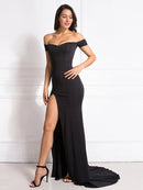 Black Off Shoulder High Split Floor Length Mermaid Dress XS