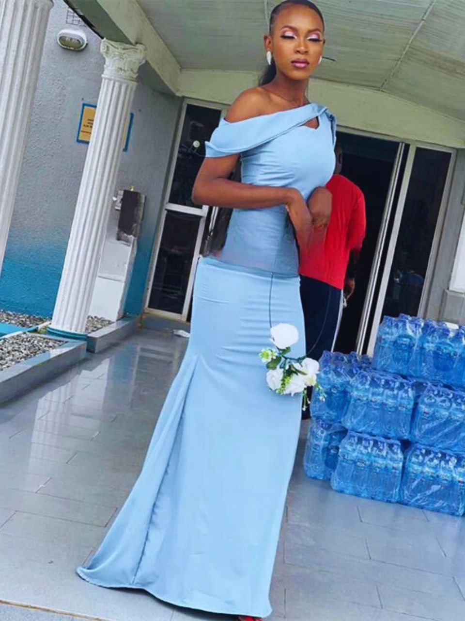 Off Shoulder Light Blue Mermaid Bridesmaid Dress