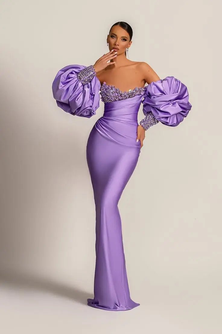 Off Shoulder Long Puffy Sleeves Lilac Sequined Mermaid Dress