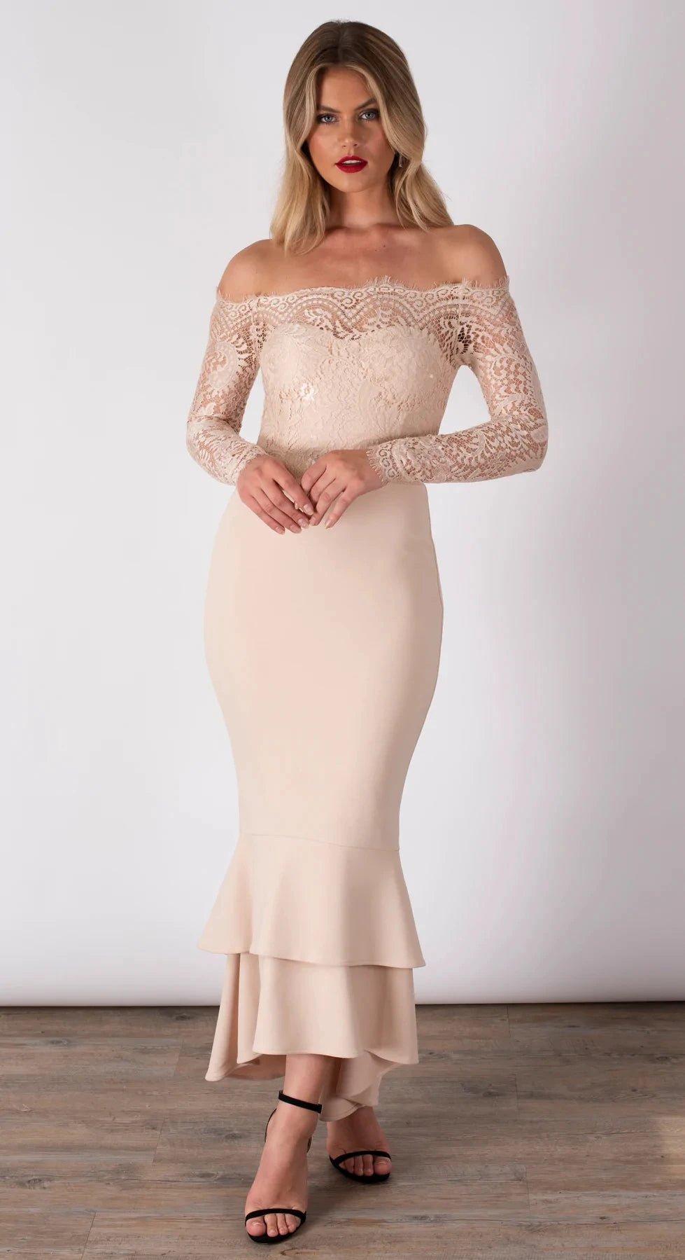 Beige Off Shoulder Long Sleeve Mermaid Prom Dresses 2