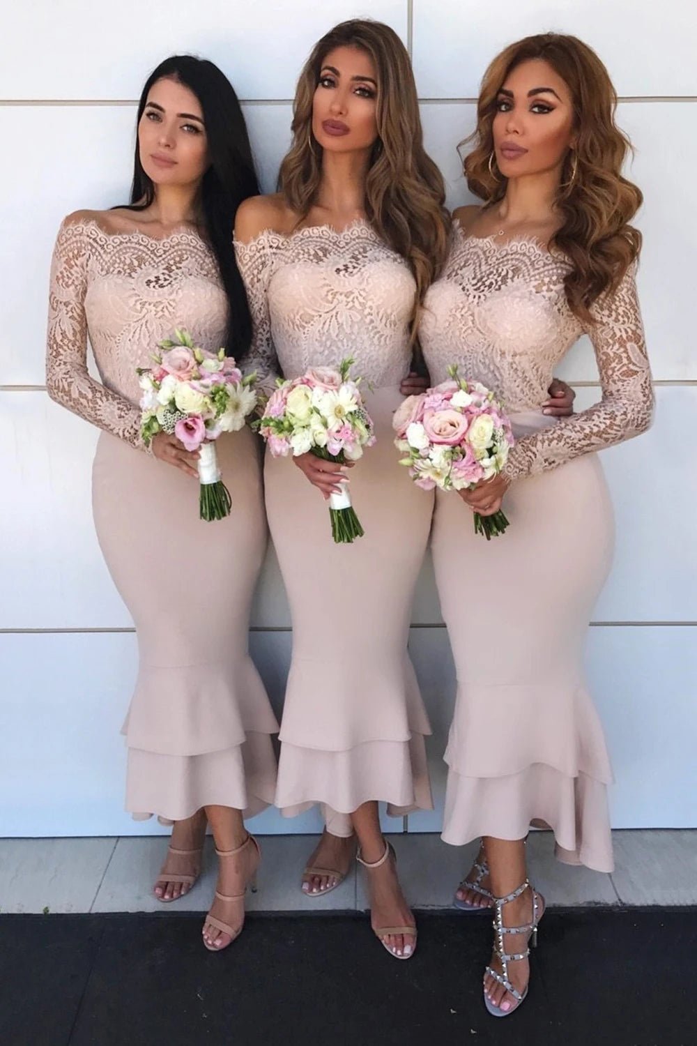 Off Shoulder Long Sleeve Champagne Mermaid Dresses