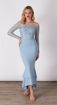 Light Blue Off Shoulder Long Sleeve Mermaid Prom Dresses 2