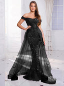 Black Off Shoulder Mesh Evening Party Celebrity Dress L