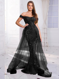 Black Off Shoulder Mesh Evening Party Celebrity Dress L