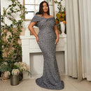 Gray Off Shoulder Sequin Mermaid Prom Dress Plus Size 4XL