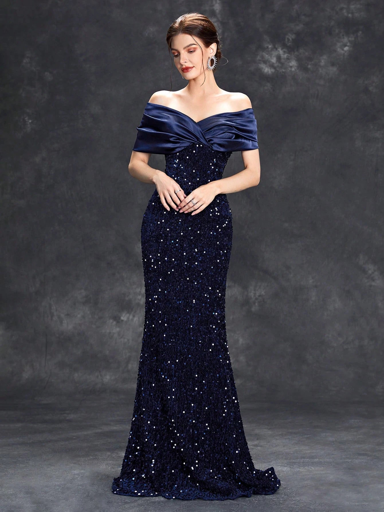 Off Shoulder Sequin Velvet Mermaid Evening Gown