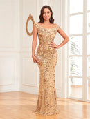 Champagne Off - Shoulder Sexy Sequin Mermaid Evening Formal Dress S