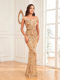 Champagne Off - Shoulder Sexy Sequin Mermaid Evening Formal Dress S