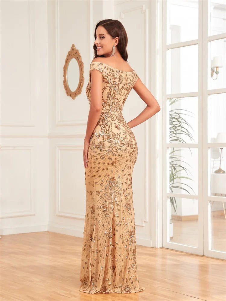 Champagne Off - Shoulder Sexy Sequin Mermaid Evening Formal Dress S