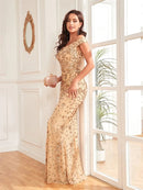 Champagne Off - Shoulder Sexy Sequin Mermaid Evening Formal Dress S