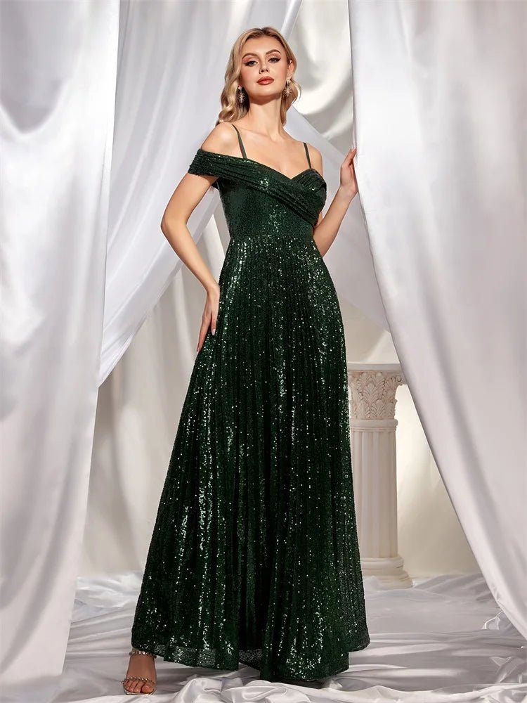 Off-Shoulder Spaghetti Strap Sequin Formal Maxi Dress