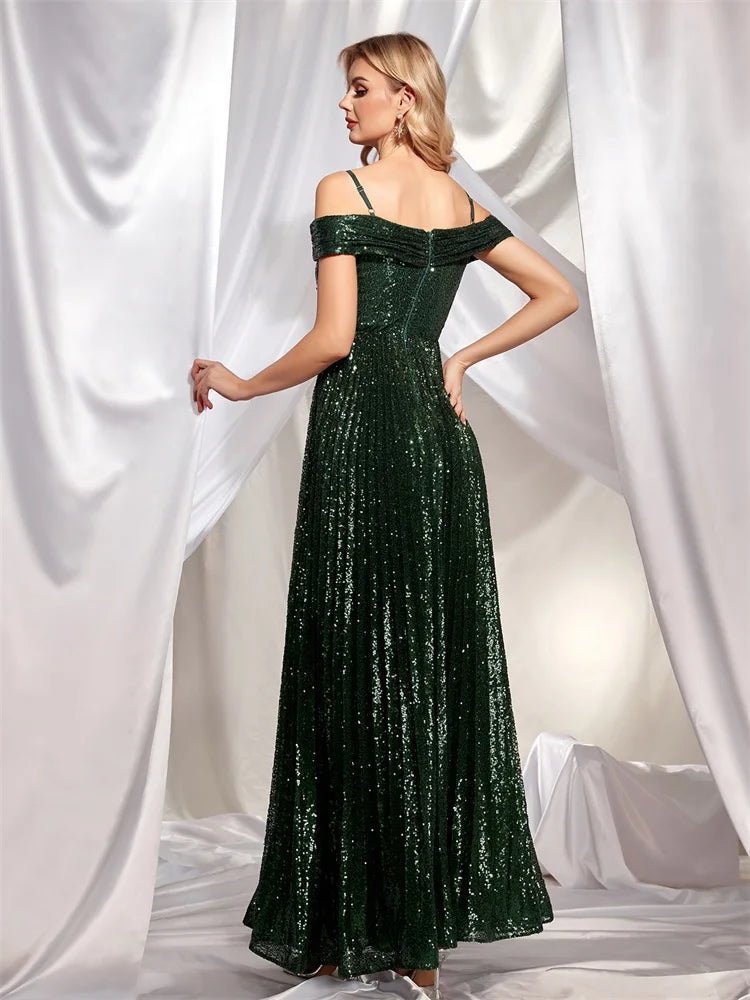 Off-Shoulder Spaghetti Strap Sequin Formal Maxi Dress