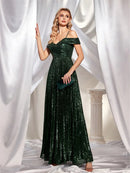 Elegant off-shoulder sequin maxi dress in rose gold, size M.