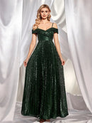 Elegant off-shoulder sequin maxi dress in teal, size medium.