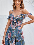 Dusty Blue Off - the - shoulder Asymmetrical Floral Chiffon Dress S