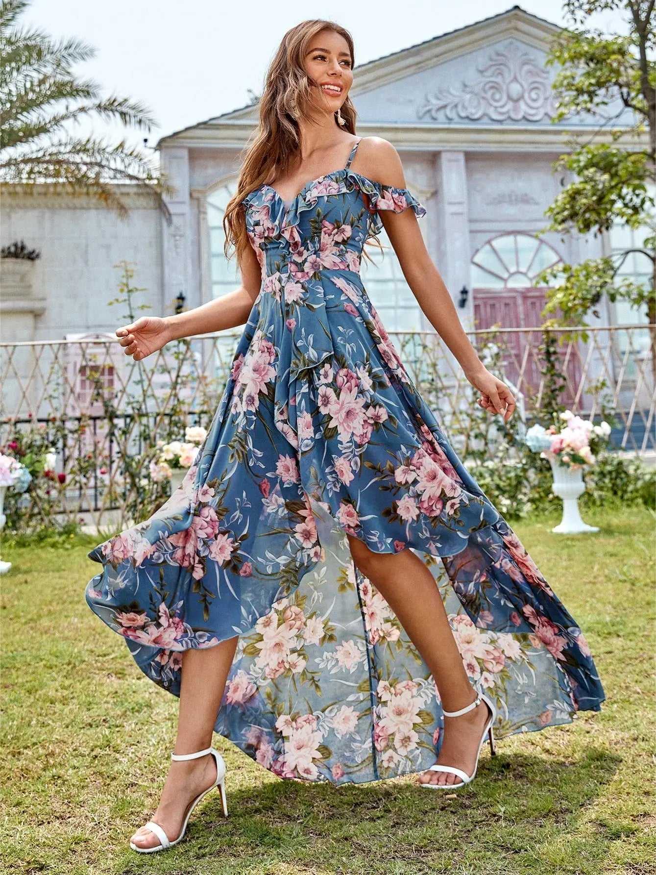 Dusty Blue Off - the - shoulder Asymmetrical Floral Chiffon Dress S