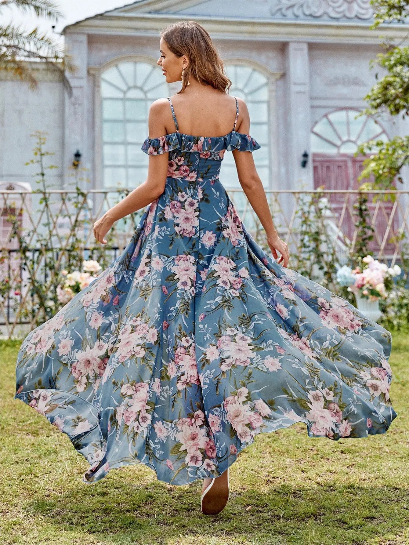 Off-the-shoulder Asymmetrical Floral Chiffon Dress