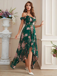 Dark Green Off - the - shoulder Asymmetrical Floral Chiffon Dress XL