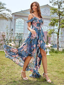 Dusty Blue Off - the - shoulder Asymmetrical Floral Chiffon Dress S