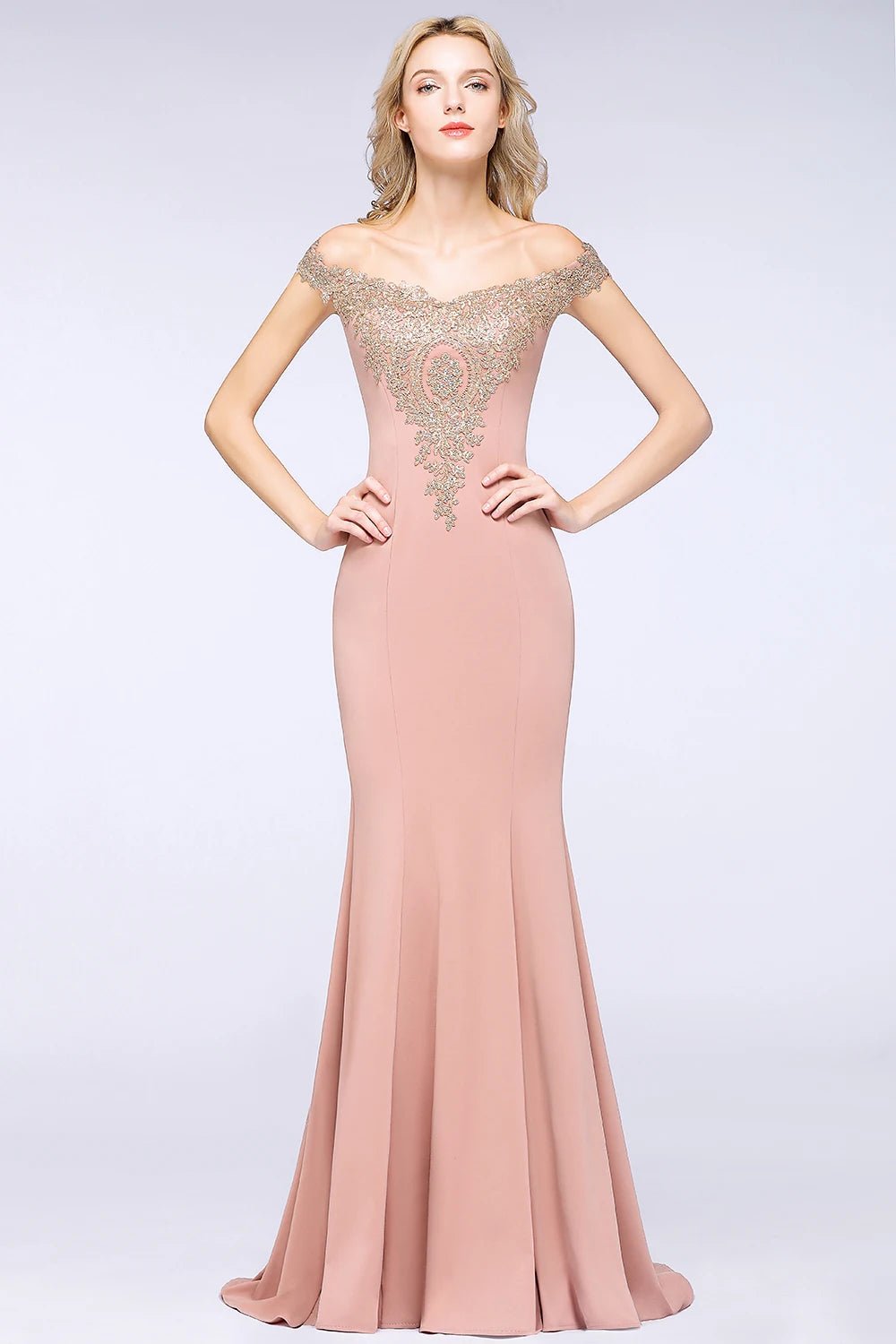 Rose Gold Off The Shoulder Embroidered Mermaid Evening Dress 2