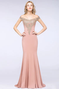 Rose Gold Off The Shoulder Embroidered Mermaid Evening Dress 2