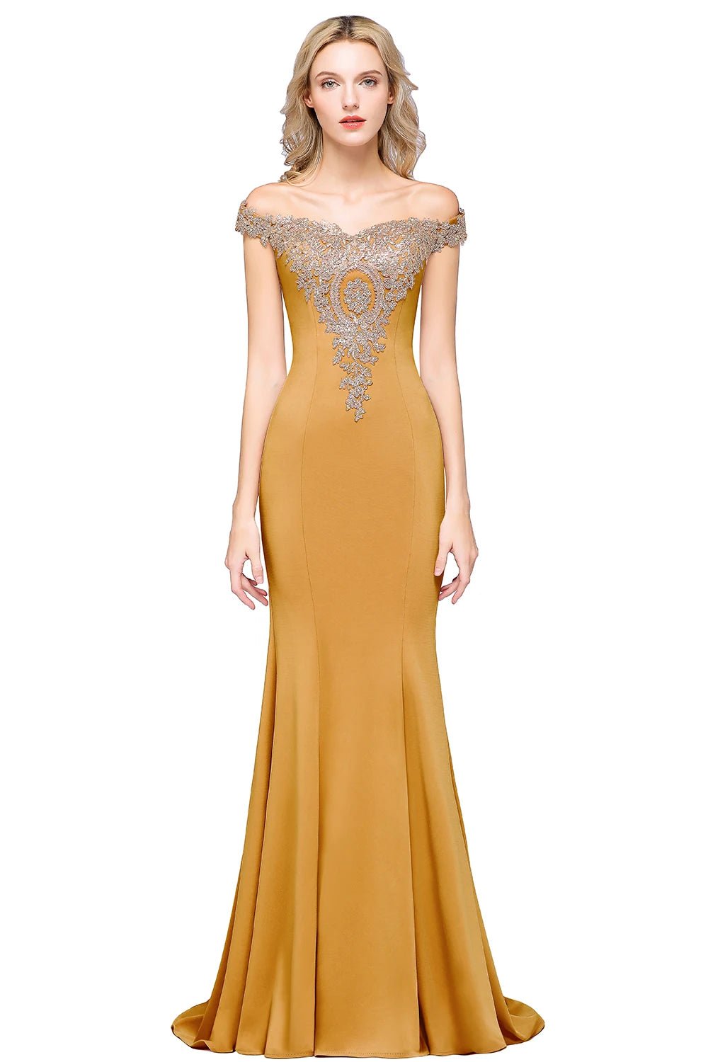 Yellow Off The Shoulder Embroidered Mermaid Evening Dress 2