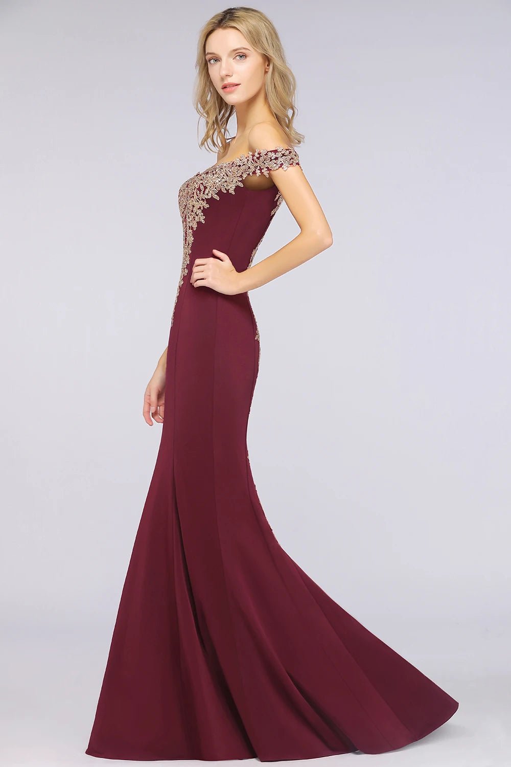 Burgundy Off The Shoulder Embroidered Mermaid Evening Dress 2