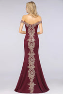 Burgundy Off The Shoulder Embroidered Mermaid Evening Dress 2