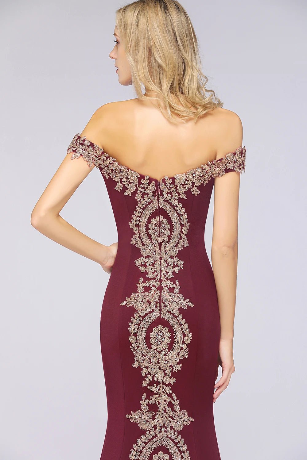 Burgundy Off The Shoulder Embroidered Mermaid Evening Dress 2