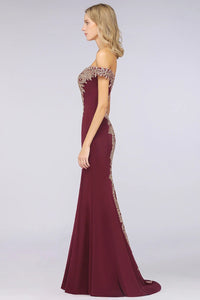 Burgundy Off The Shoulder Embroidered Mermaid Evening Dress 2