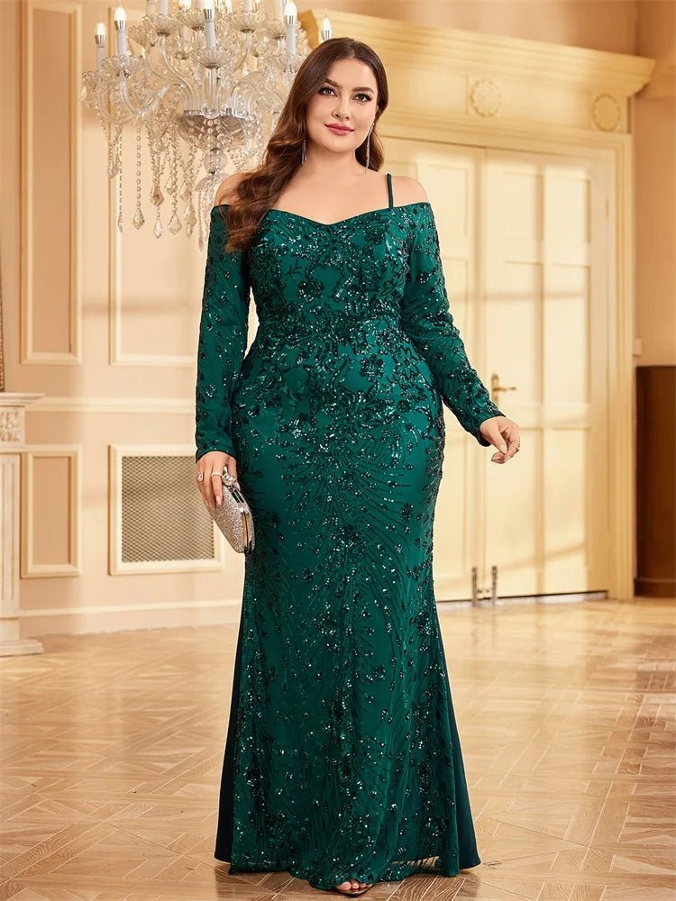 Plus size off-shoulder mermaid dress, navy sequins, elegant formal wear.