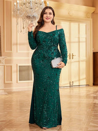 Plus-size off-the-shoulder mermaid dress in teal with sequins.