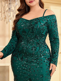 Plus-size off-the-shoulder mermaid dress in shimmering silver sequins.