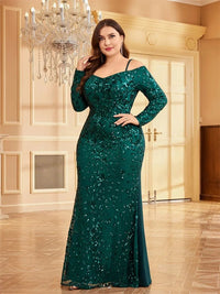 Plus size off-the-shoulder mermaid dress, shimmering gold sequins.