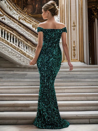 Emerald Green Off The Shoulder Mermaid Stretchy Sequin Velvet Dress S