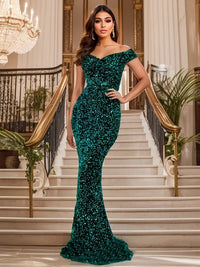 Emerald Green Off The Shoulder Mermaid Stretchy Sequin Velvet Dress S