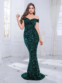 Emerald Green Off The Shoulder Mermaid Stretchy Sequin Velvet Dress L