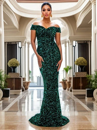 Emerald Green Off The Shoulder Mermaid Stretchy Sequin Velvet Dress L