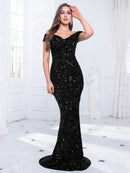 Black Off The Shoulder Mermaid Stretchy Sequin Velvet Dress L