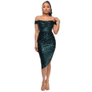 Dark Green Off The Shoulder Sequin Summer Party Midi Dress L